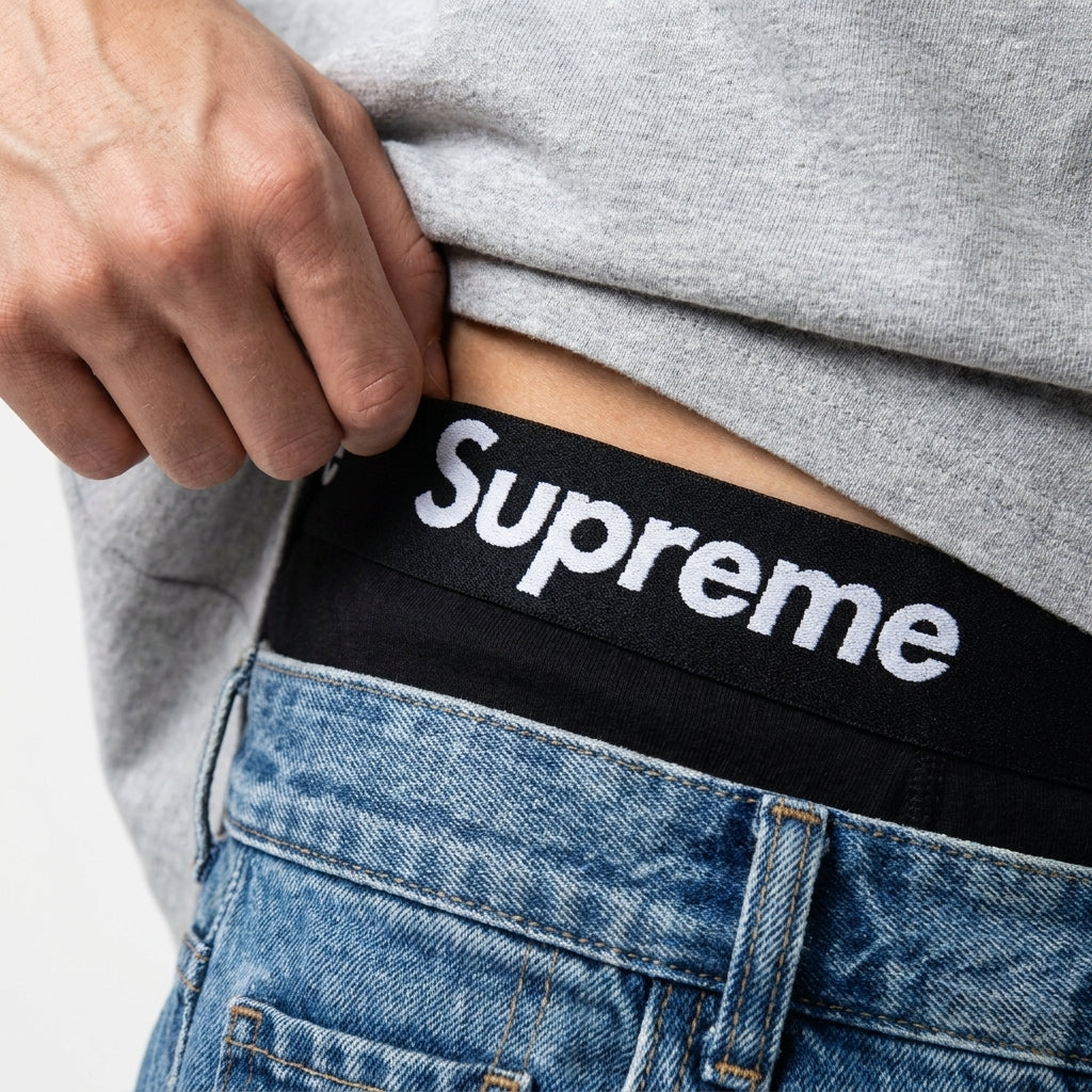Supreme Hanes Boxer Briefs Black – detail gumy, džíny